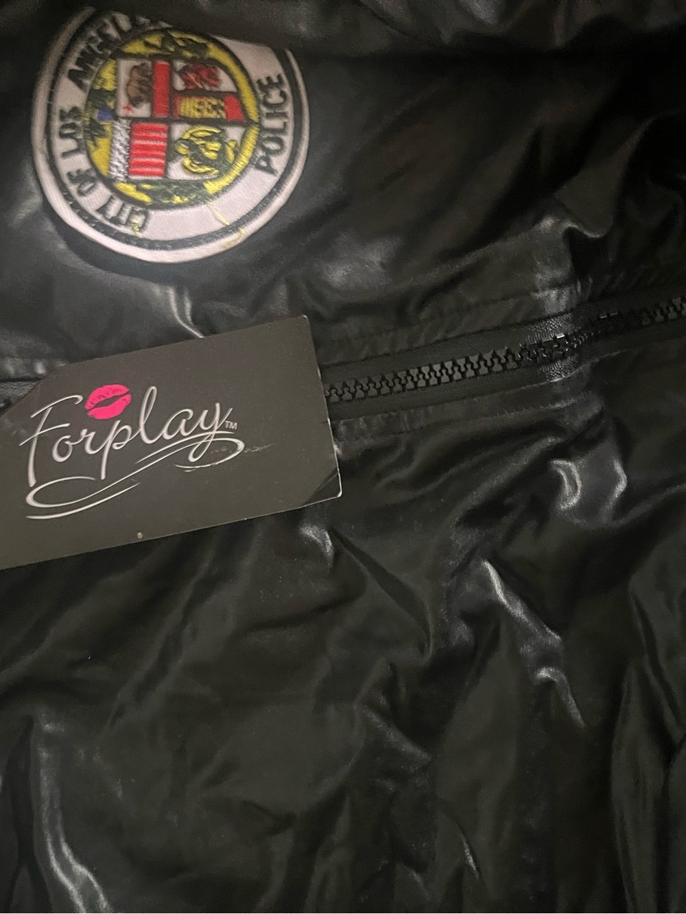 Forplay Black Faux Leather Bomber Jacket with Embroidered Crest Patch